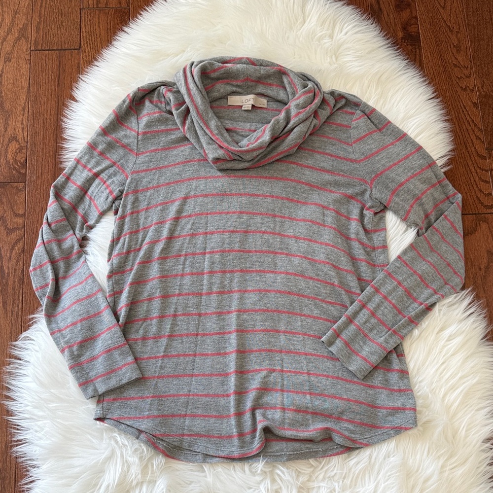 LOFT Gray Sweater with Pink Stripes Cowl Neck EUC